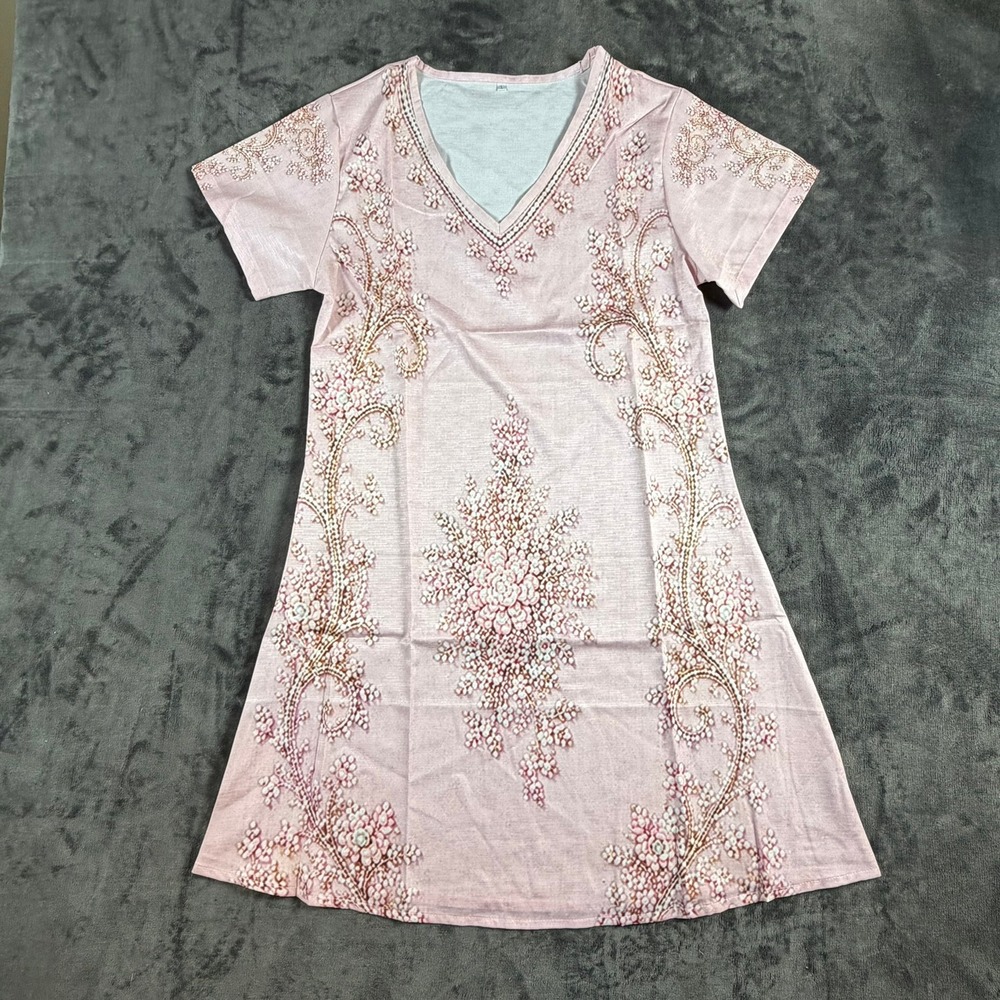 Pink Floral V-Neck Short Sleeve Tunic Mini Dress Size Large Boho Print